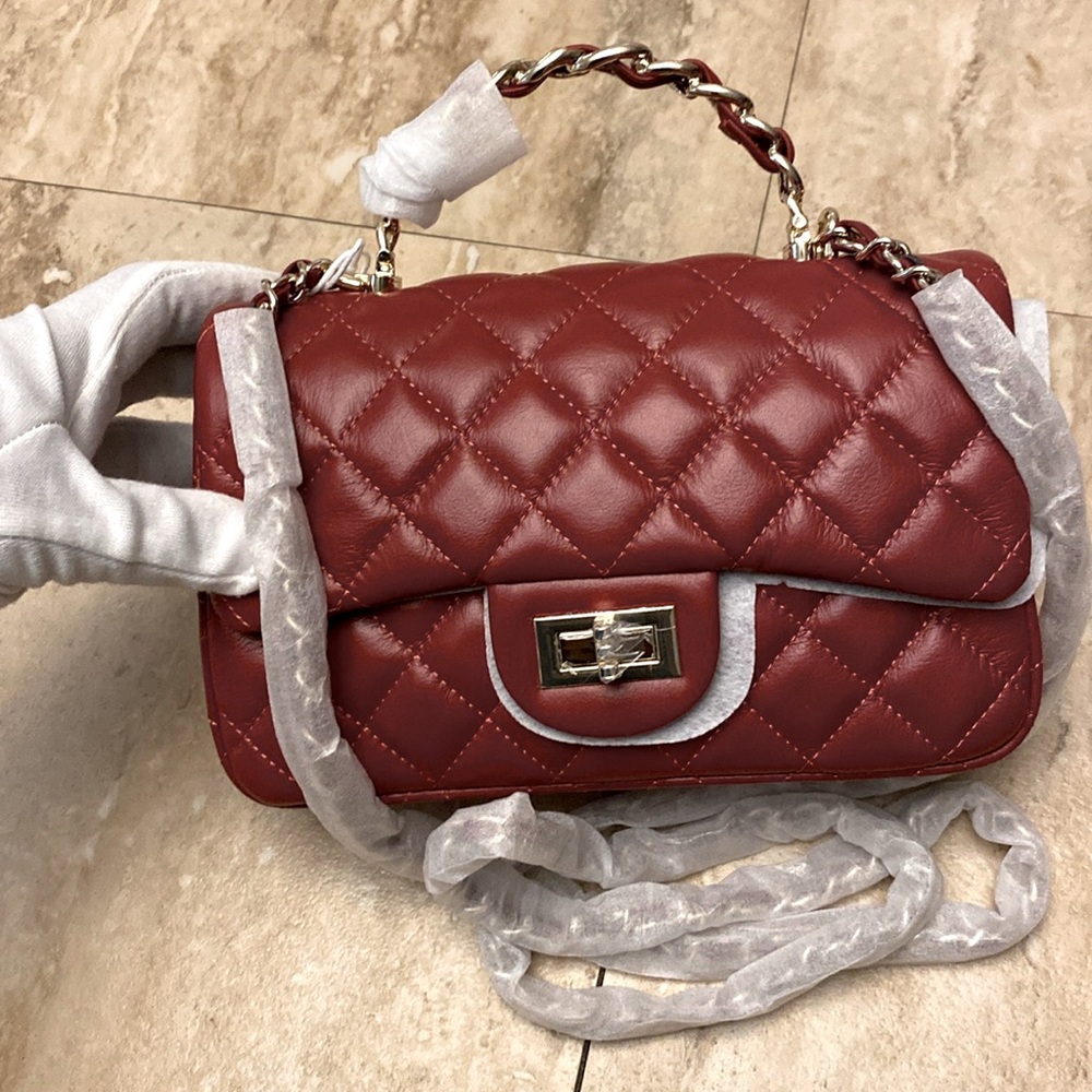 Crossbody Bag-Quilted Real Leather Top Handle Small  unbranded-Ruby color